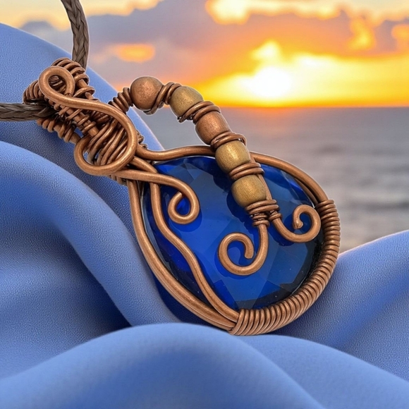 🆕️ Boho Chic Deep Blue Quartz Copper Wire Wrapped Pendant Statement Necklace - Picture 12 of 16
